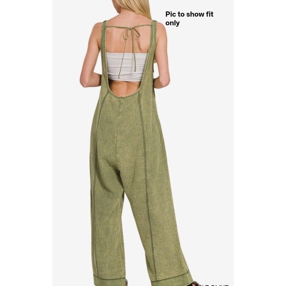 Zenana‎ Blue Grey Washed Double Gauze Wide Leg Tie Back Overalls Large - Picture 2 of 10